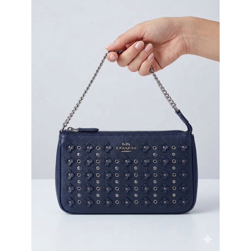 Coach Nolita 19 Edgy Chic Floral Rivet Studded Navy Leather Wristlet Chain Bag